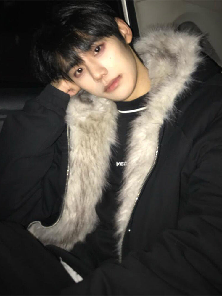 Cleanfit Zuo Shan Diao Fur Collar Hooded Jacket Cotton Coat for Men, Winter Thickened Warm American Short Cotton Jacket