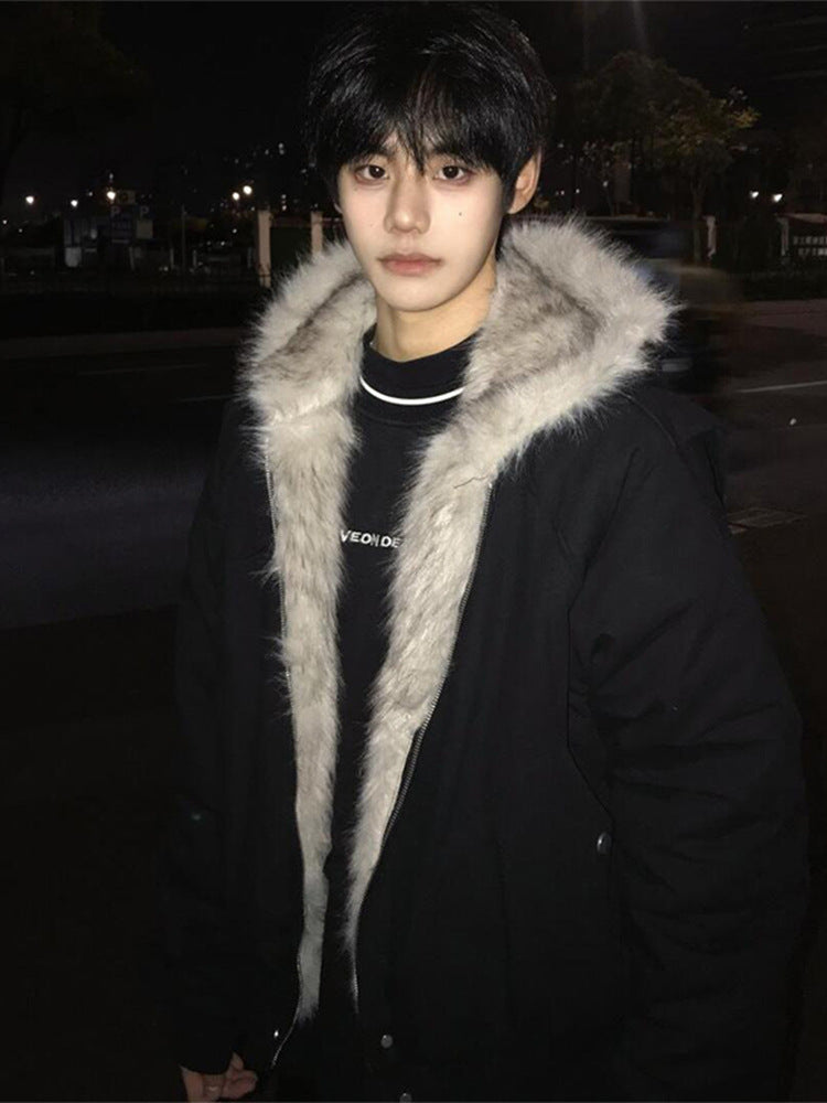 Cleanfit Zuo Shan Diao Fur Collar Hooded Jacket Cotton Coat for Men, Winter Thickened Warm American Short Cotton Jacket